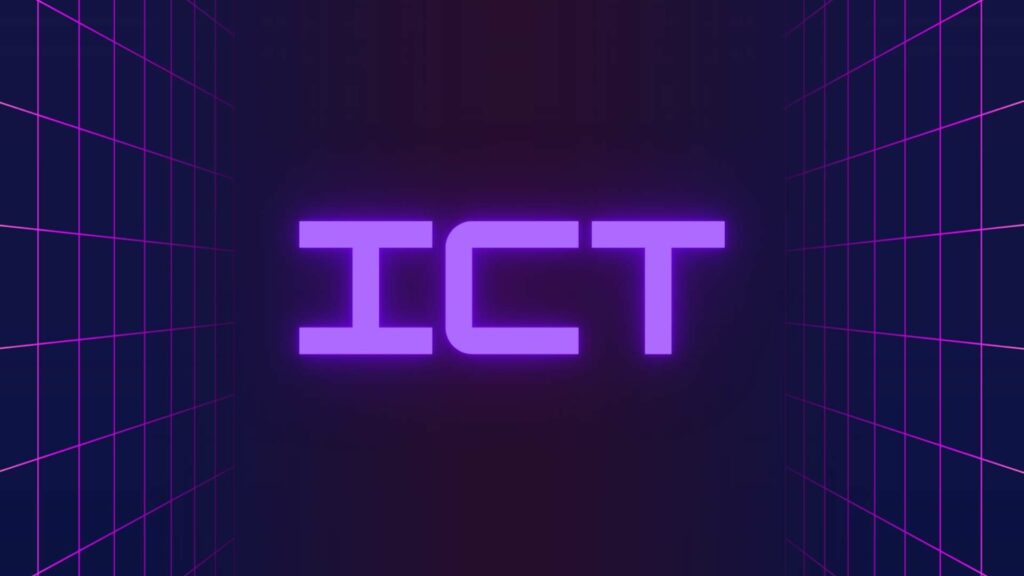 Scritta "ICT" lilla su sfondo viola scuro
