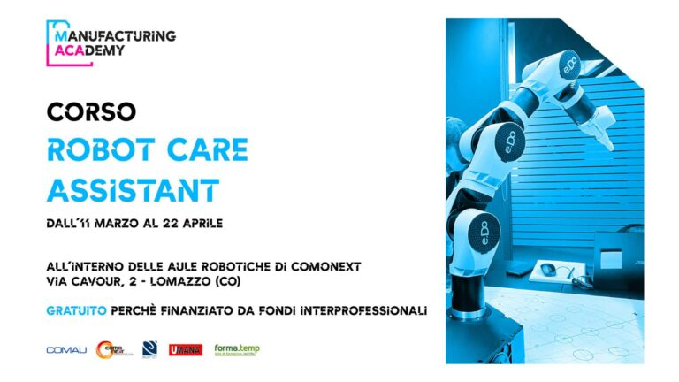 Copertina di presentazione del corso Robot Care Assistant. composta da una parte testuale e un'immagine che rappresenta un braccio robot meccanico