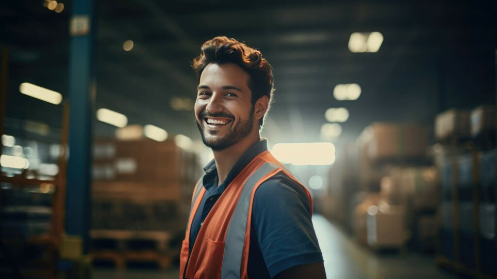 Ragazzo sorridente vestito da magazziniere