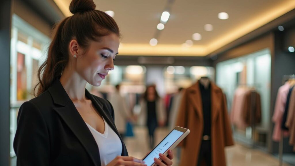 Persona che guarda il tablet in un negozio di abbigliamento